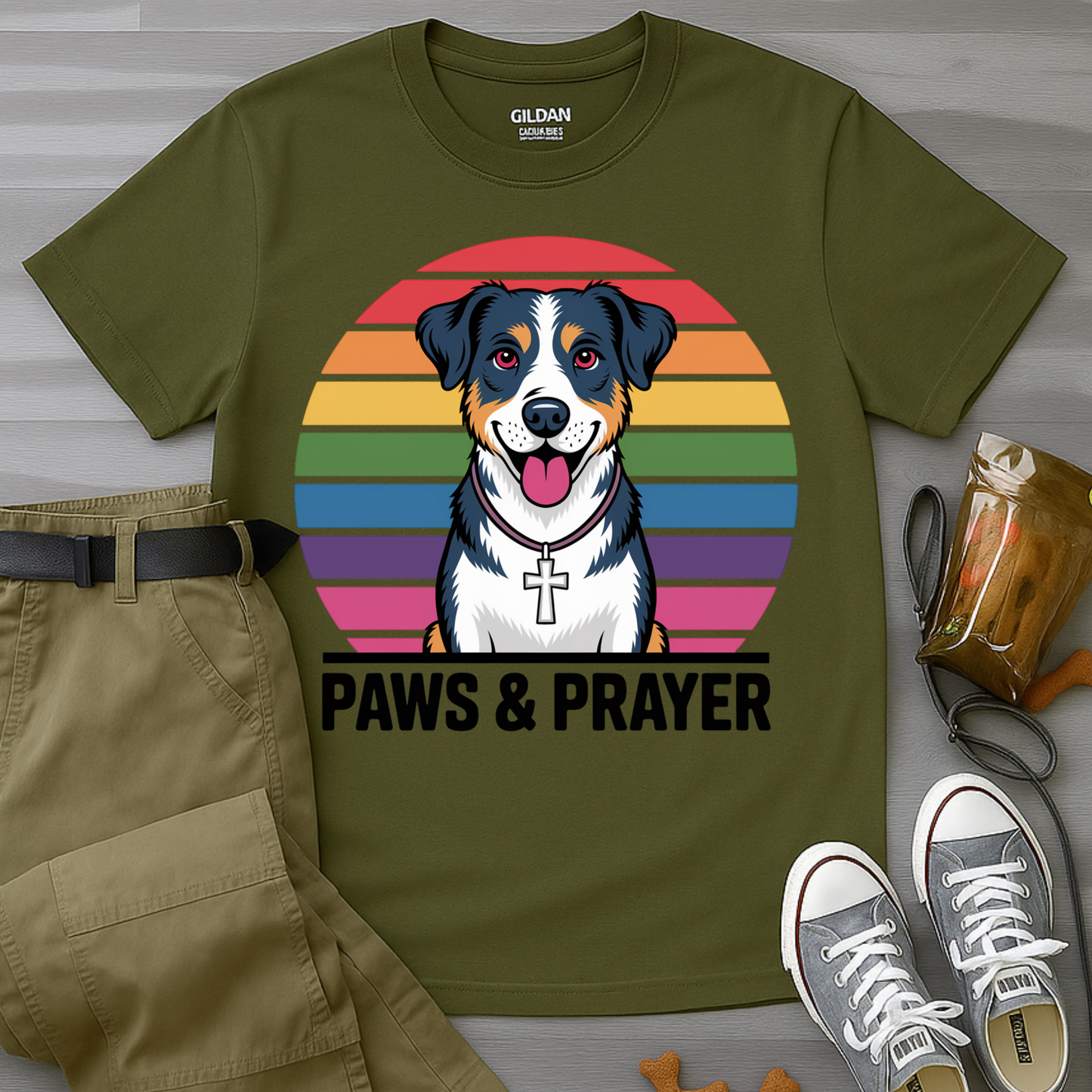 Paws & Prayer – 70s Retro Rainbow Dog T-Shirt