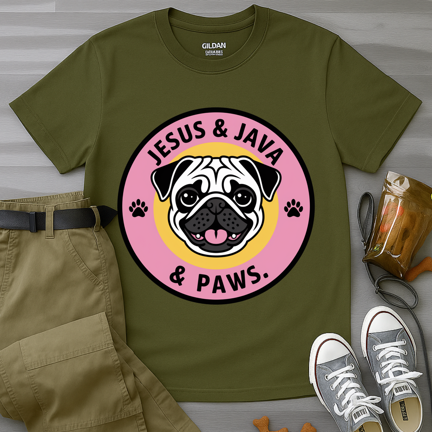Jesus, Java & Paws – Retro Bubble Font Dog T-Shirt