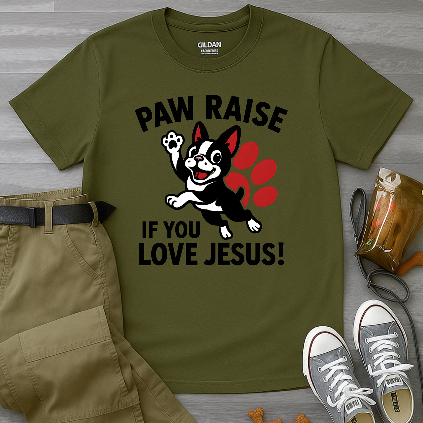 Paw Raise If You Love Jesus! Boston Terrier T-Shirt