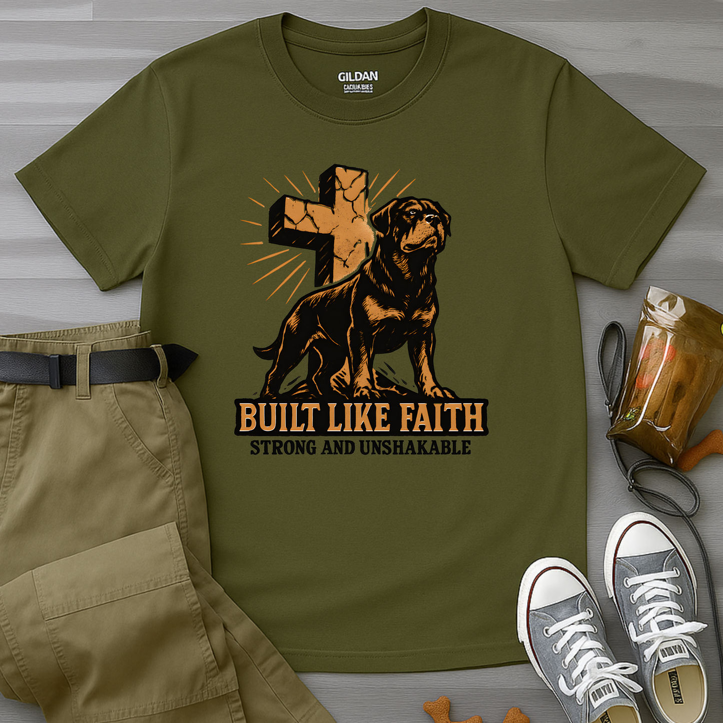 Built Like Faith, Stong and Unshakable. Rottweiler T-Shirt