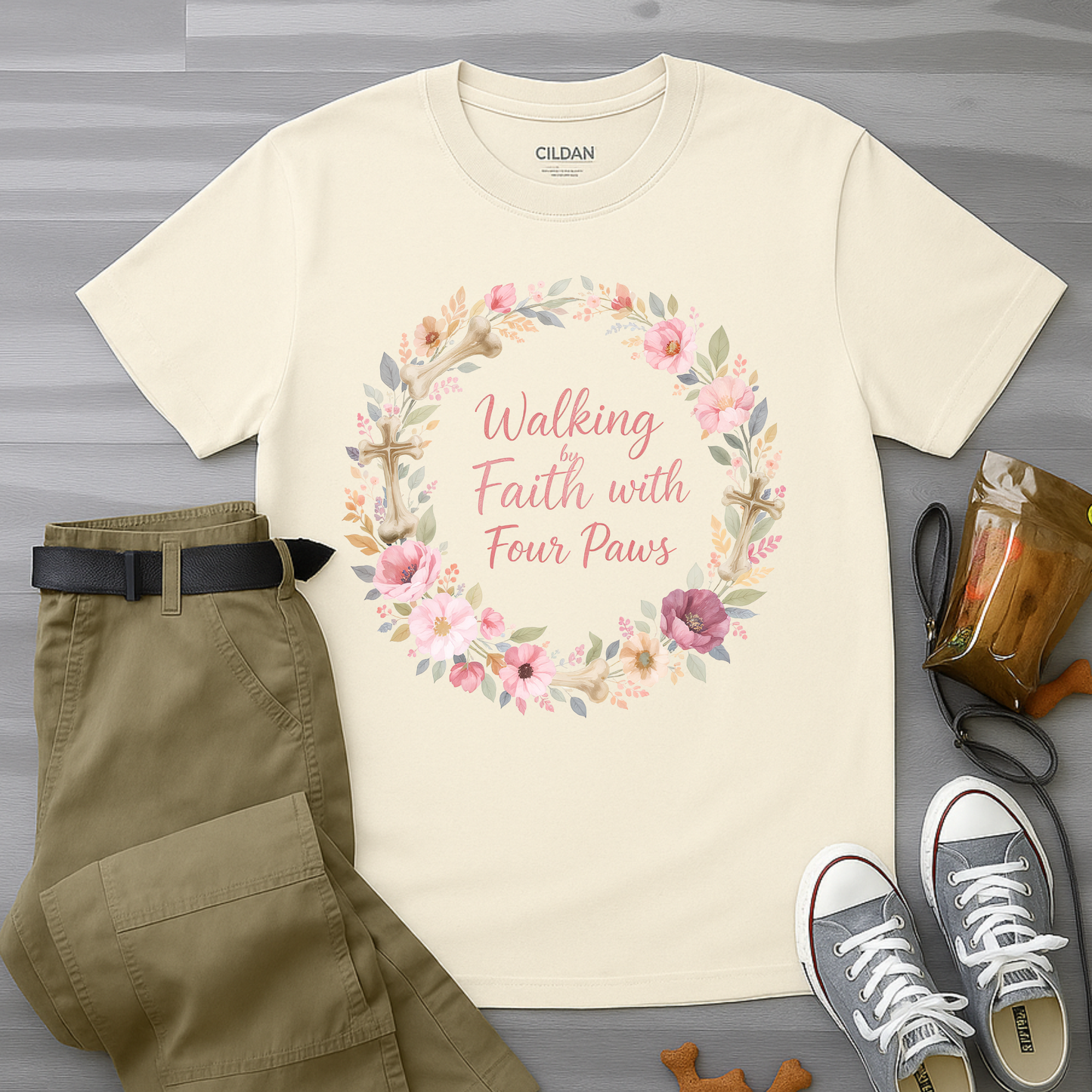 Walking By Faith With Four Paws Floral Wreath T-Shirt