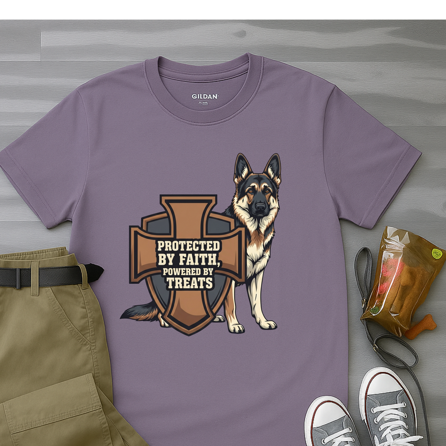Protected by Faith, Powered by Treats, German Shepherd T-Shirt