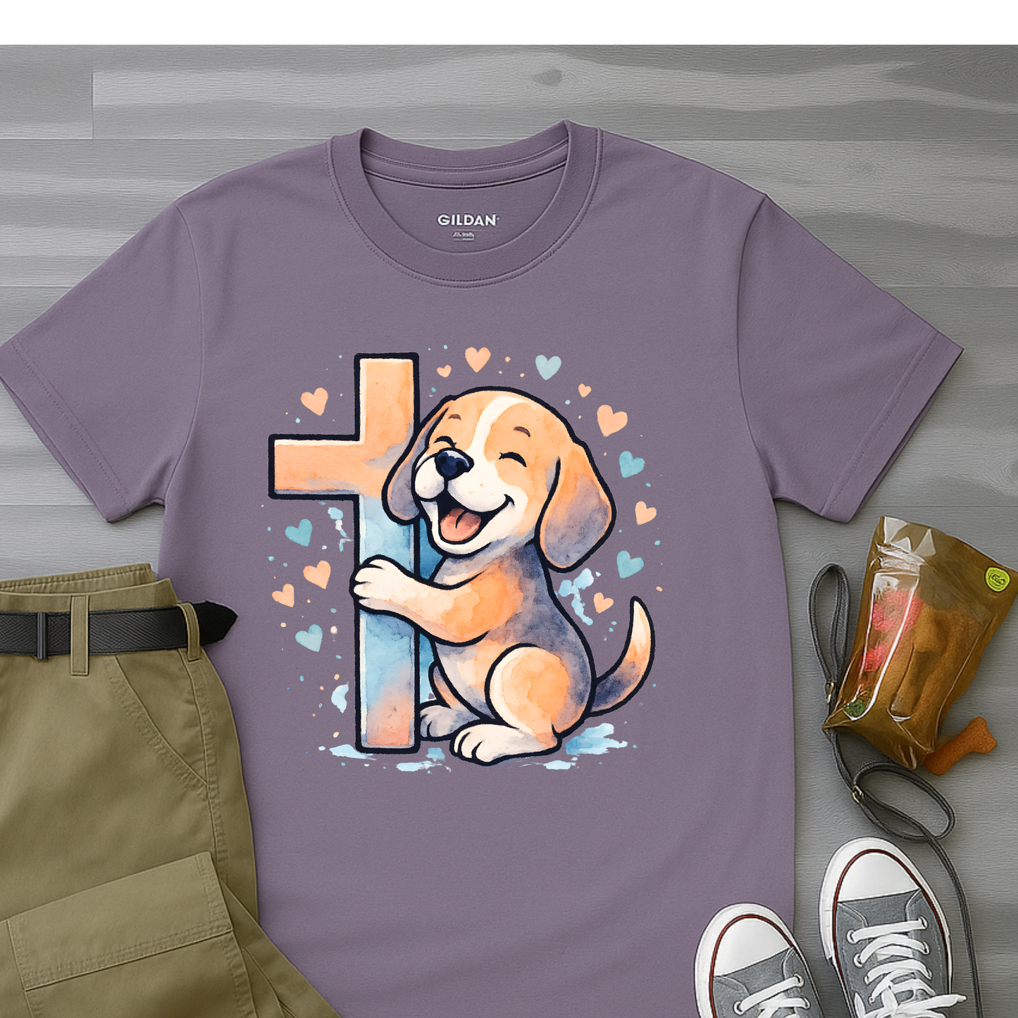 Joyful Beagle Hugging Cross T-Shirt