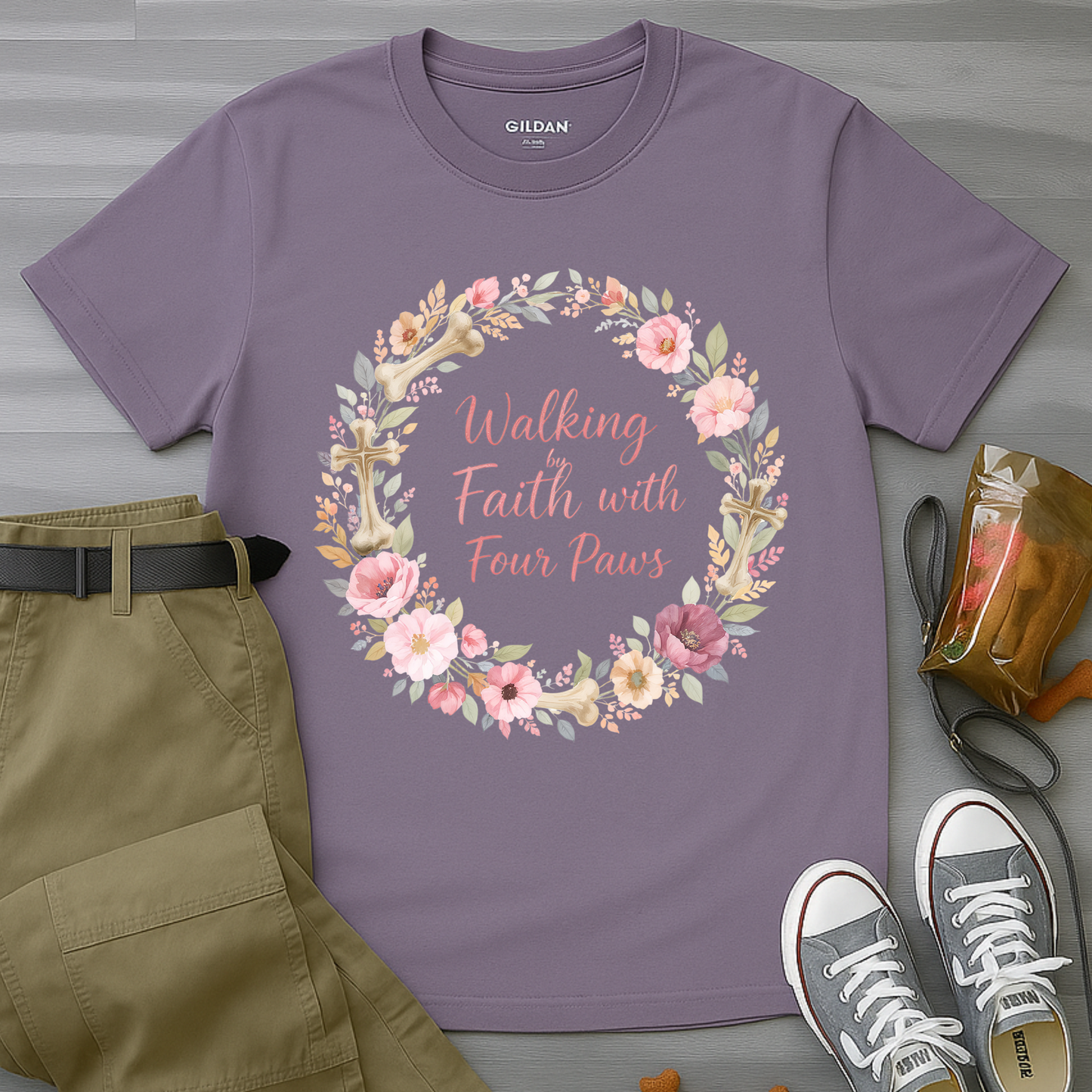 Walking By Faith With Four Paws Floral Wreath T-Shirt