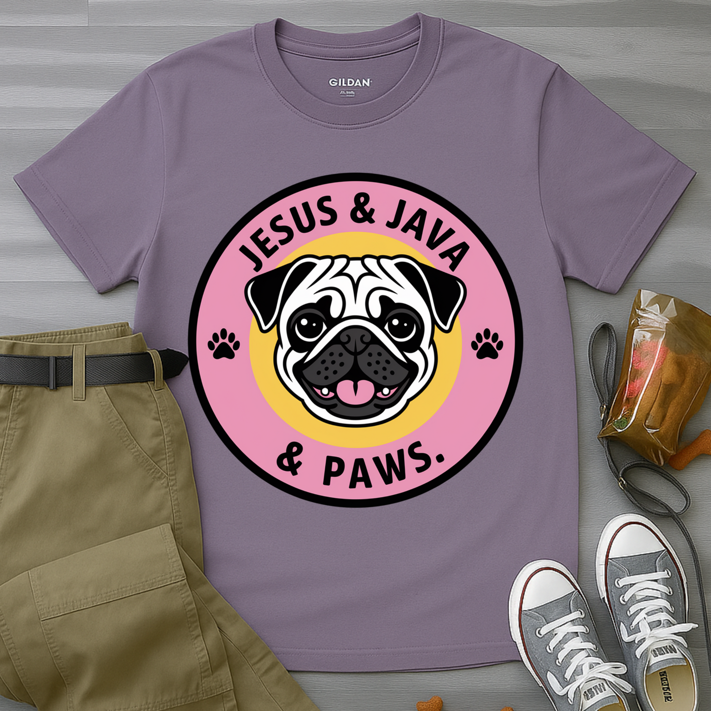 Jesus, Java & Paws – Retro Bubble Font Dog T-Shirt