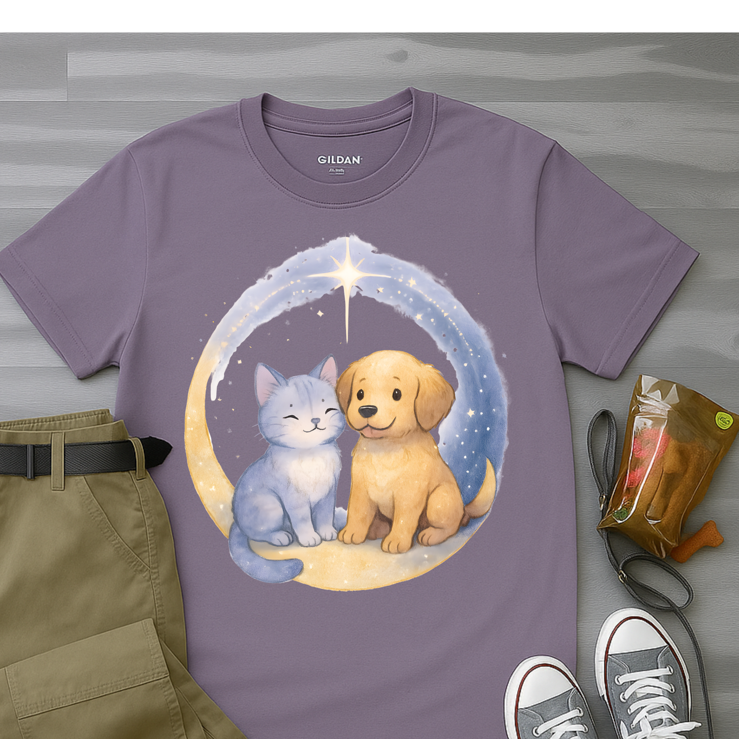 Cat And Dog in Crescent Moon T-Shirt