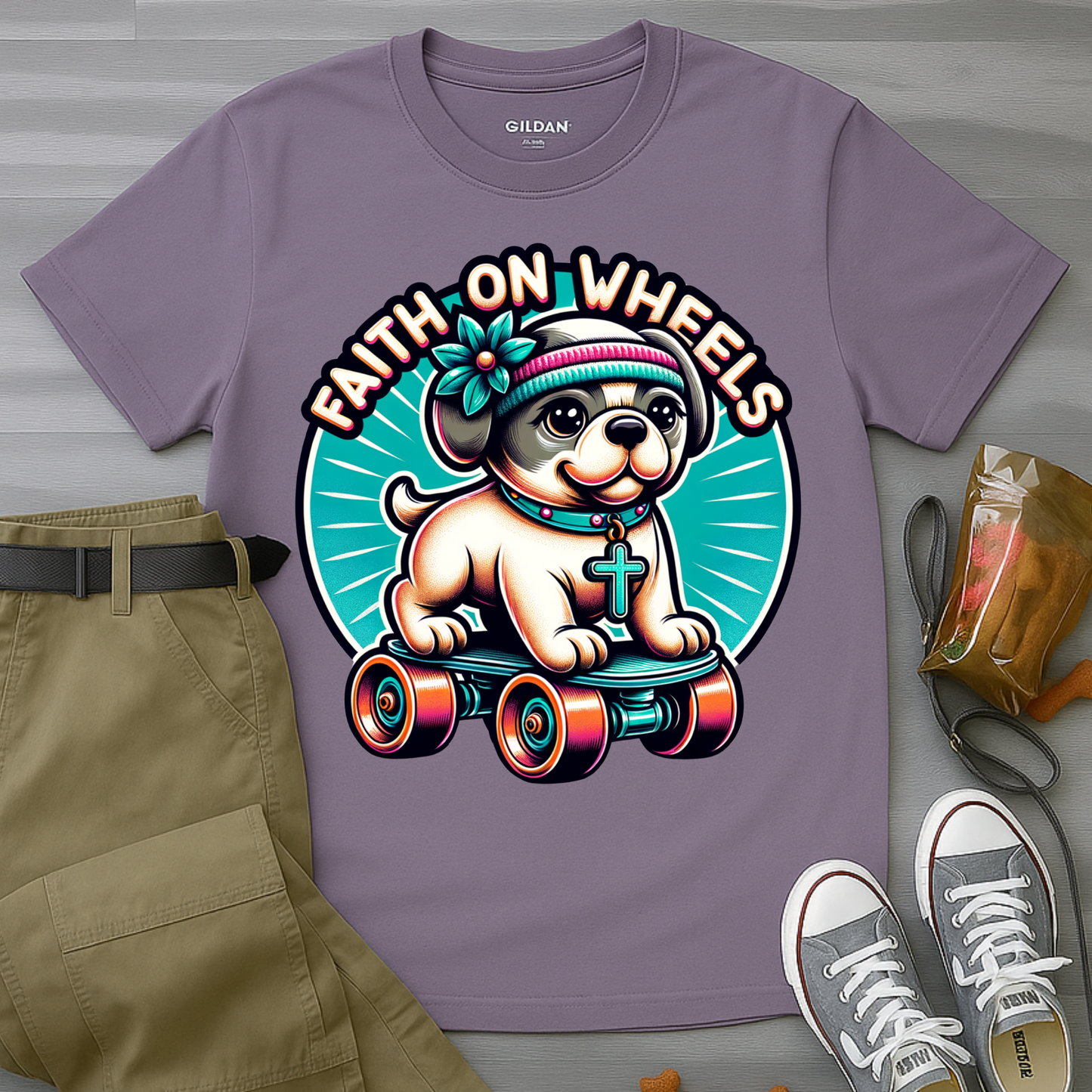 Faith on Wheels – Retro Roller-Skating Dog T-Shirt