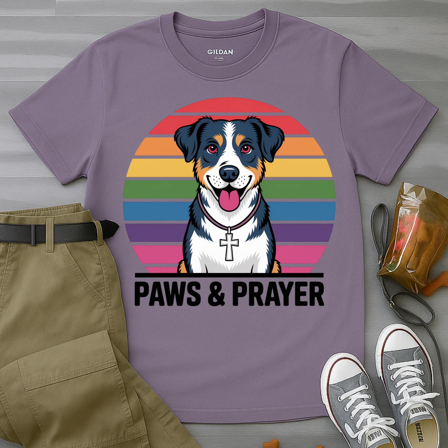 Paws & Prayer – 70s Retro Rainbow Dog T-Shirt