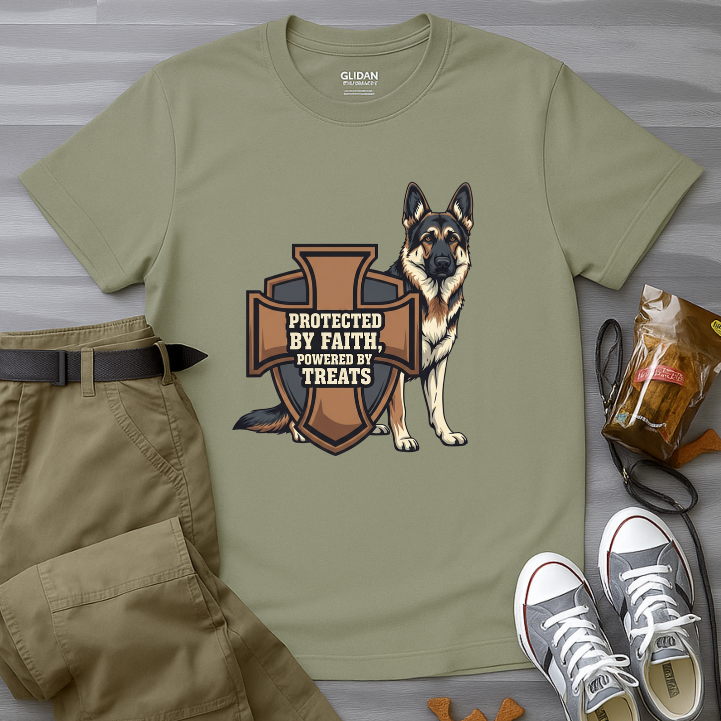 Protected by Faith, Powered by Treats, German Shepherd T-Shirt