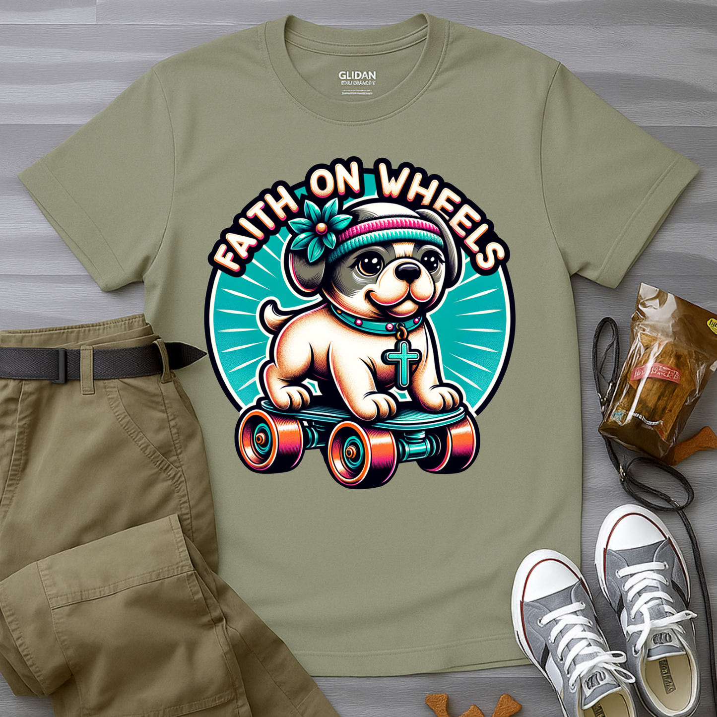 Faith on Wheels – Retro Roller-Skating Dog T-Shirt