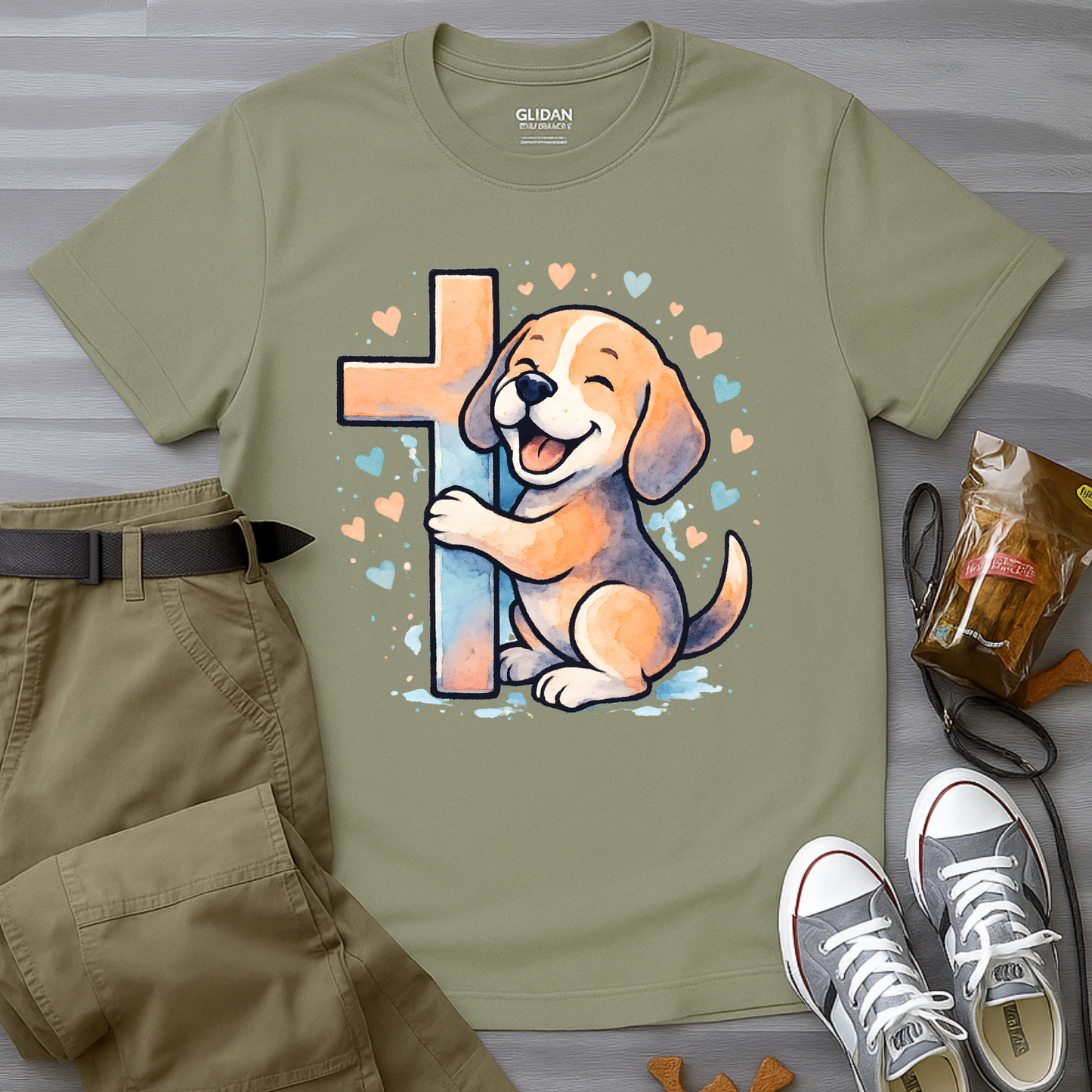 Joyful Beagle Hugging Cross T-Shirt