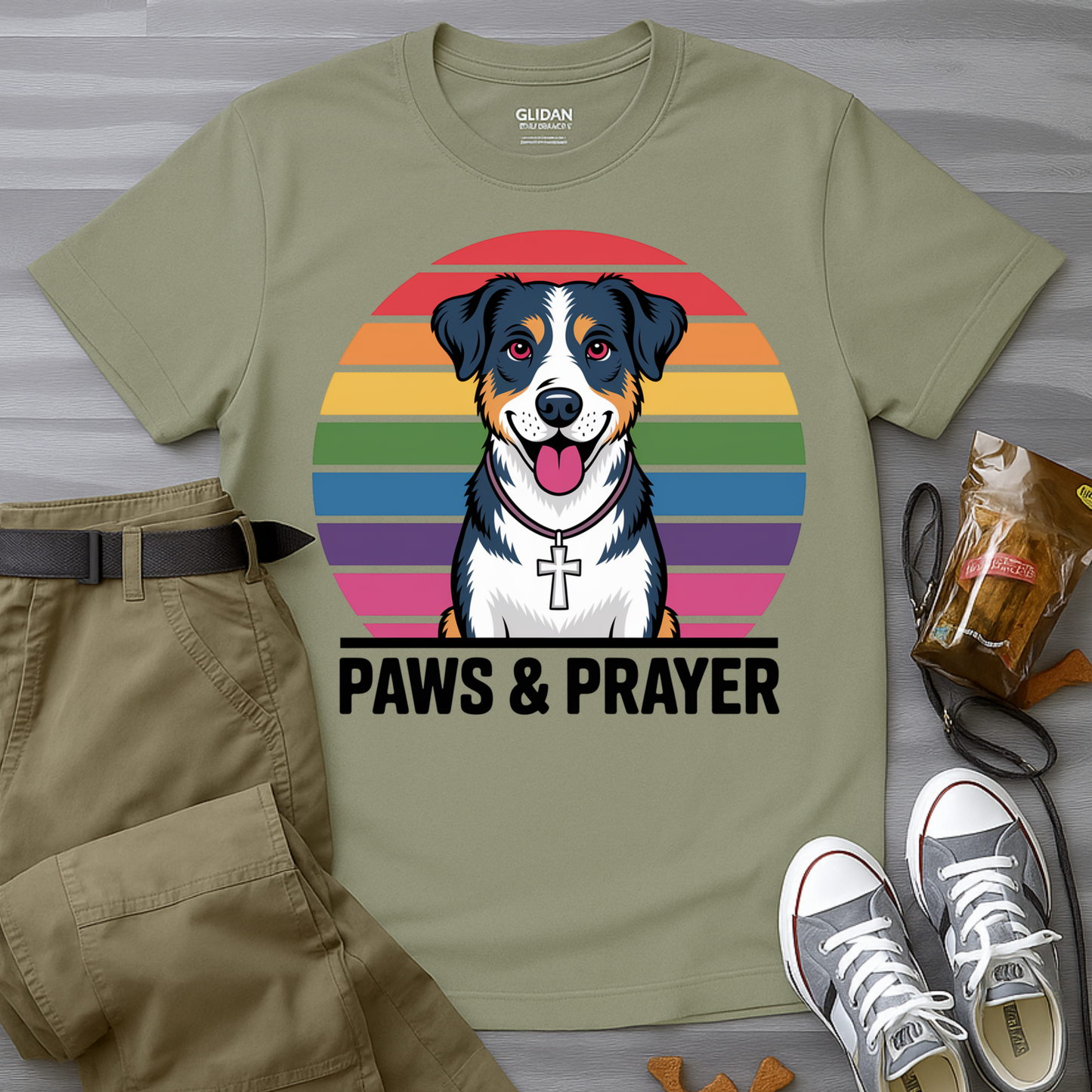 Paws & Prayer – 70s Retro Rainbow Dog T-Shirt