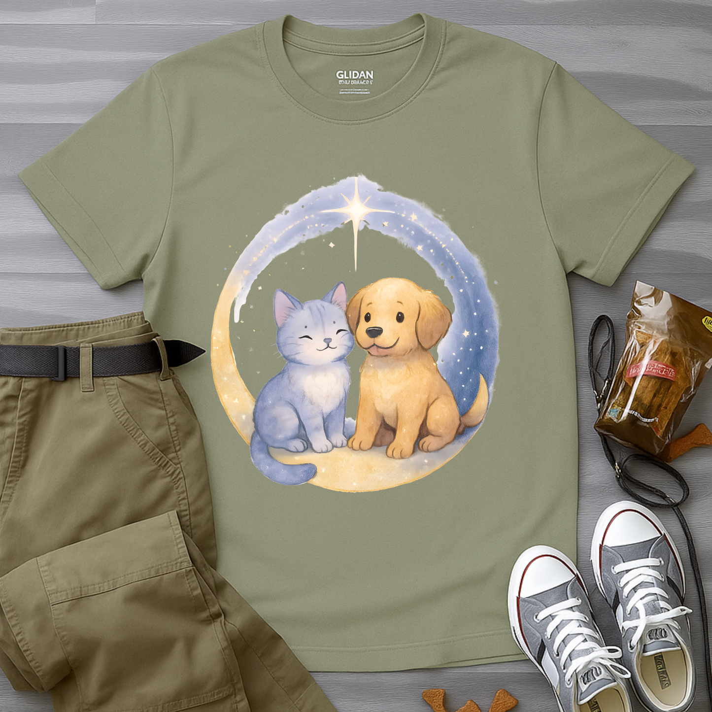 Cat And Dog in Crescent Moon T-Shirt