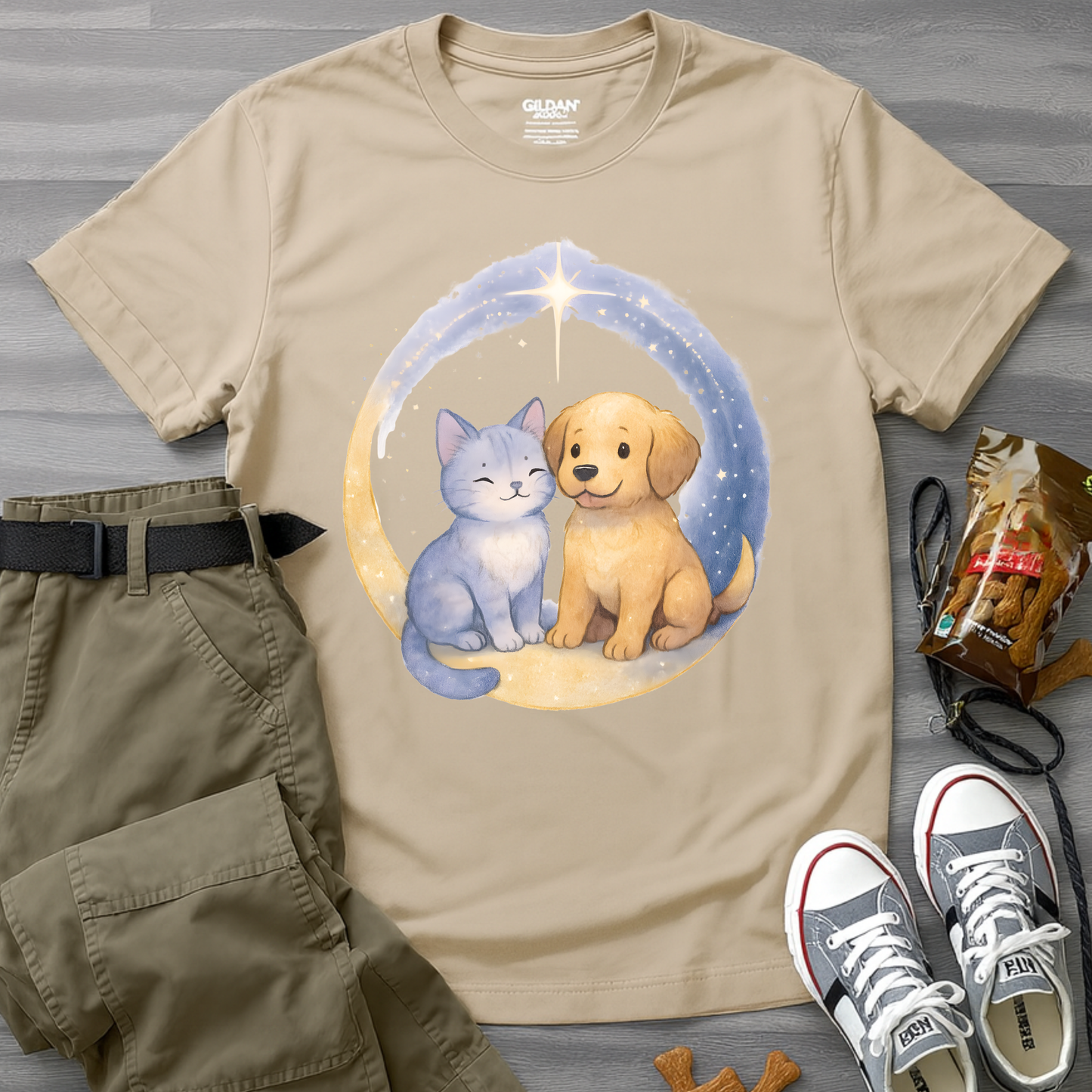 Cat And Dog in Crescent Moon T-Shirt