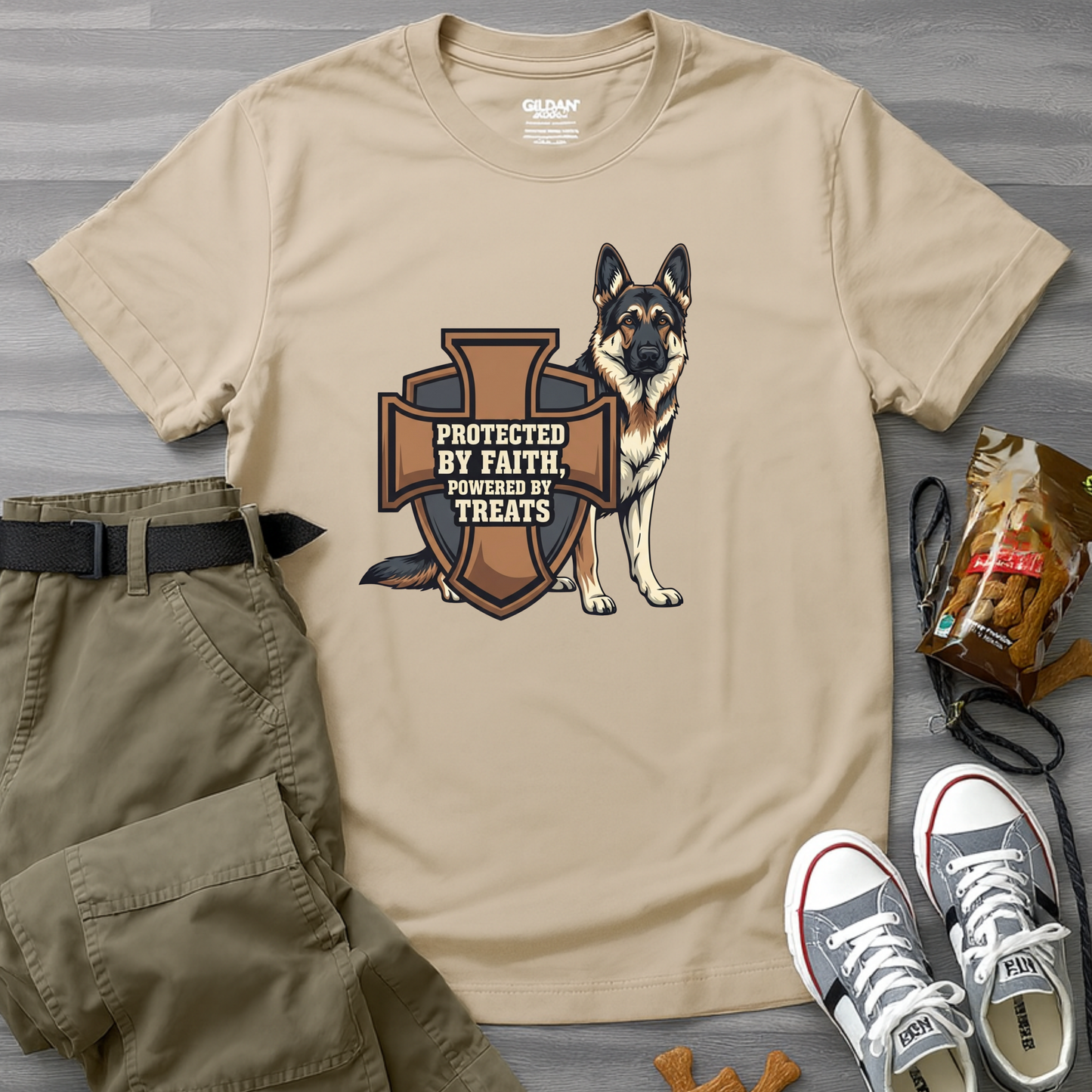 Protected by Faith, Powered by Treats, German Shepherd T-Shirt