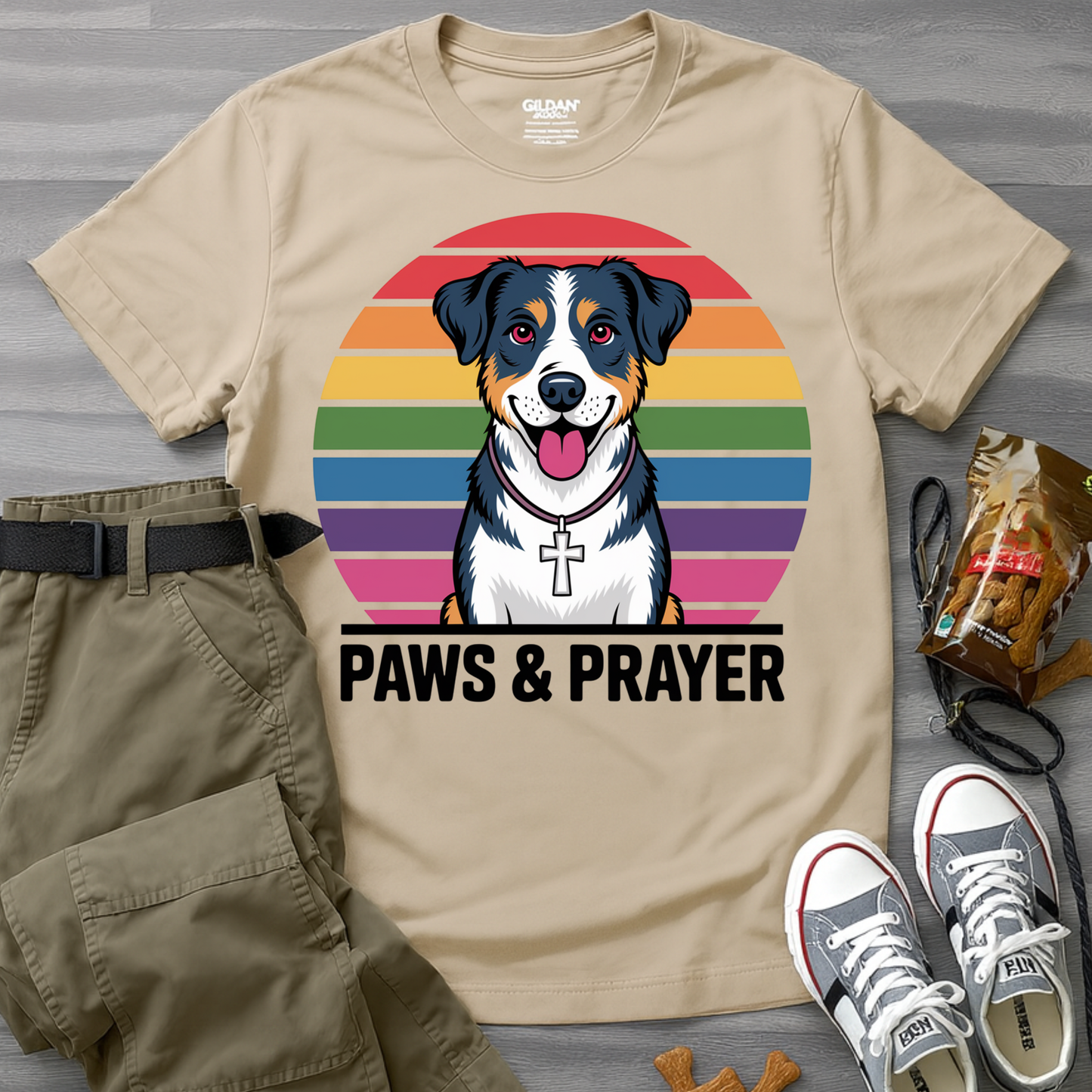 Paws & Prayer – 70s Retro Rainbow Dog T-Shirt