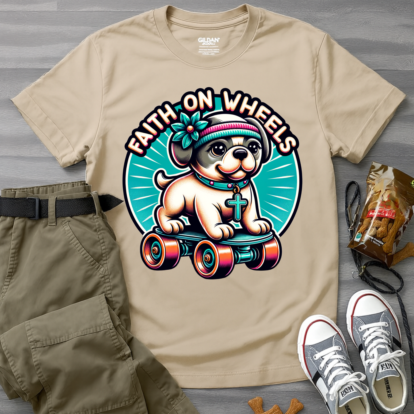 Faith on Wheels – Retro Roller-Skating Dog T-Shirt