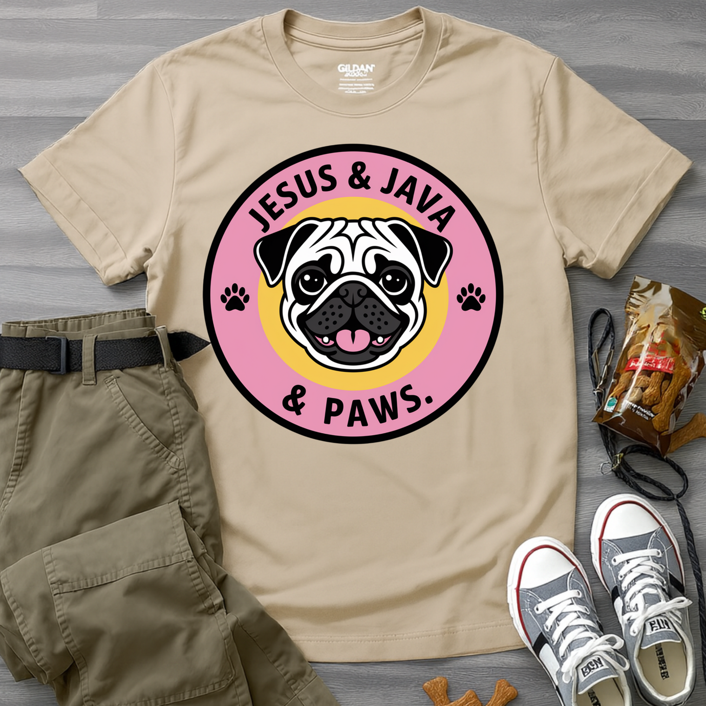 Jesus, Java & Paws – Retro Bubble Font Dog T-Shirt
