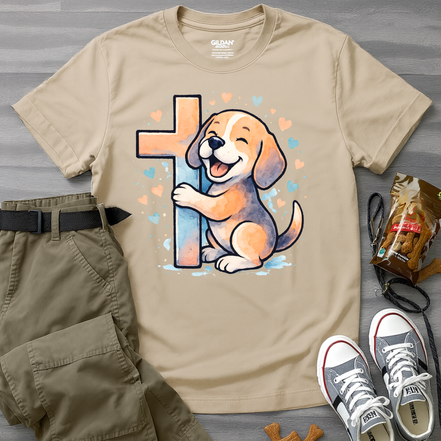 Joyful Beagle Hugging Cross T-Shirt