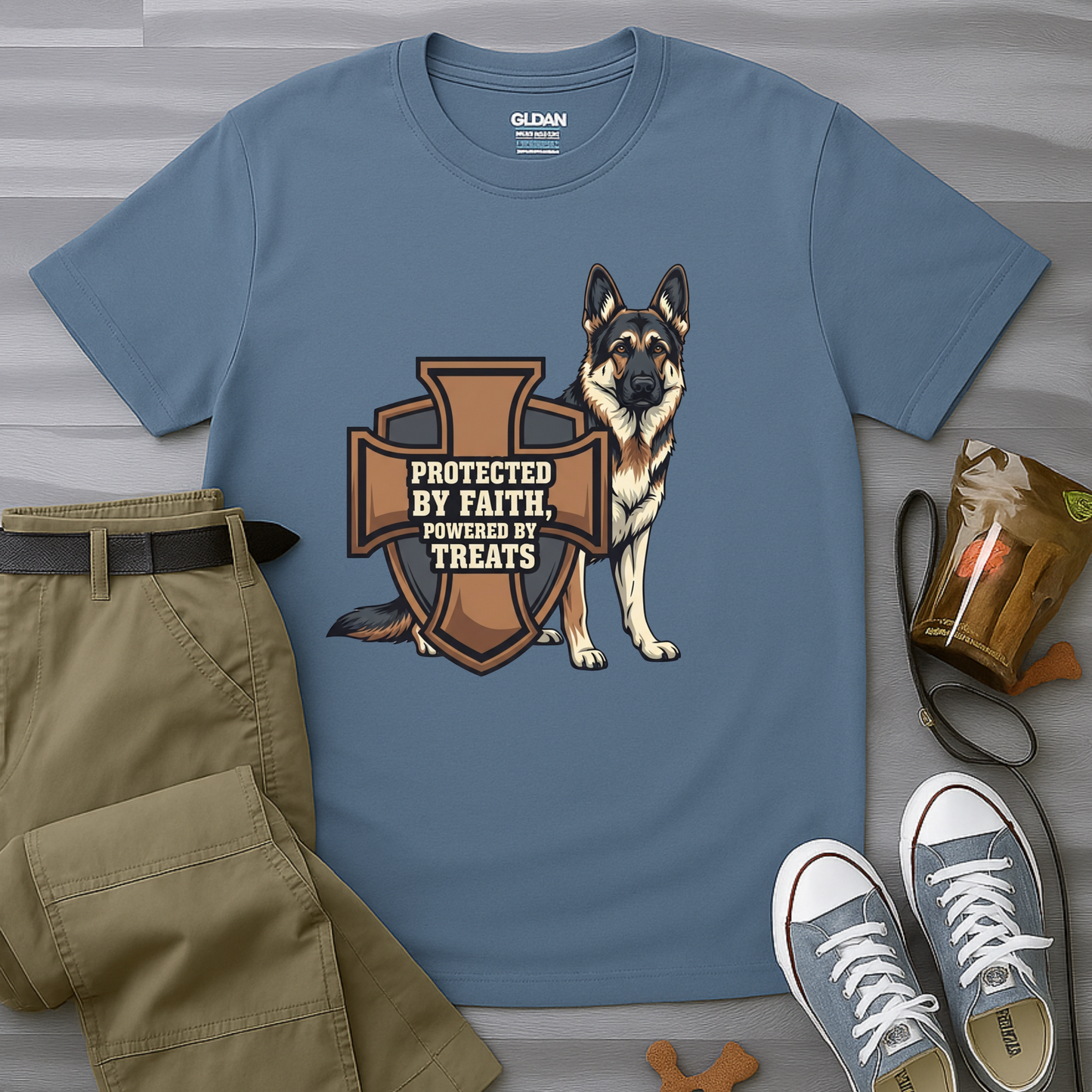 Protected by Faith, Powered by Treats, German Shepherd T-Shirt