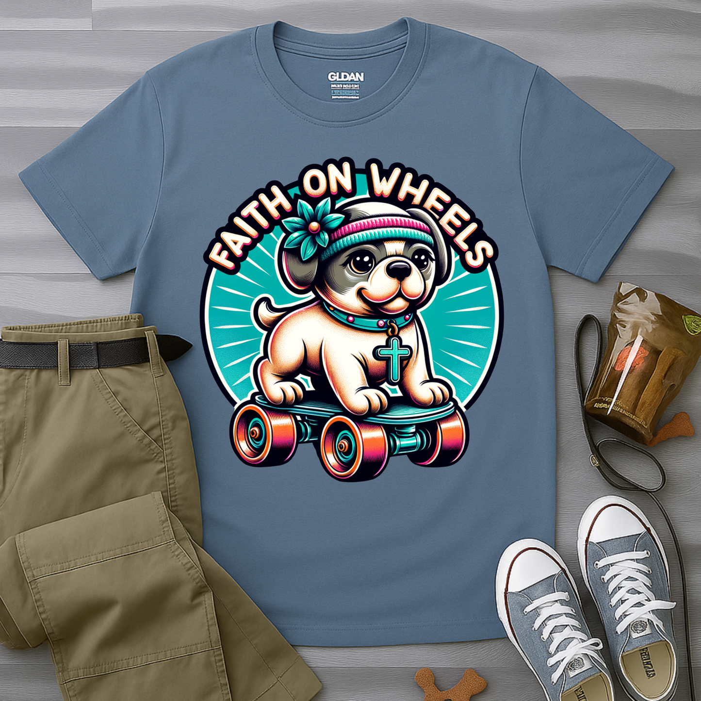 Faith on Wheels – Retro Roller-Skating Dog T-Shirt