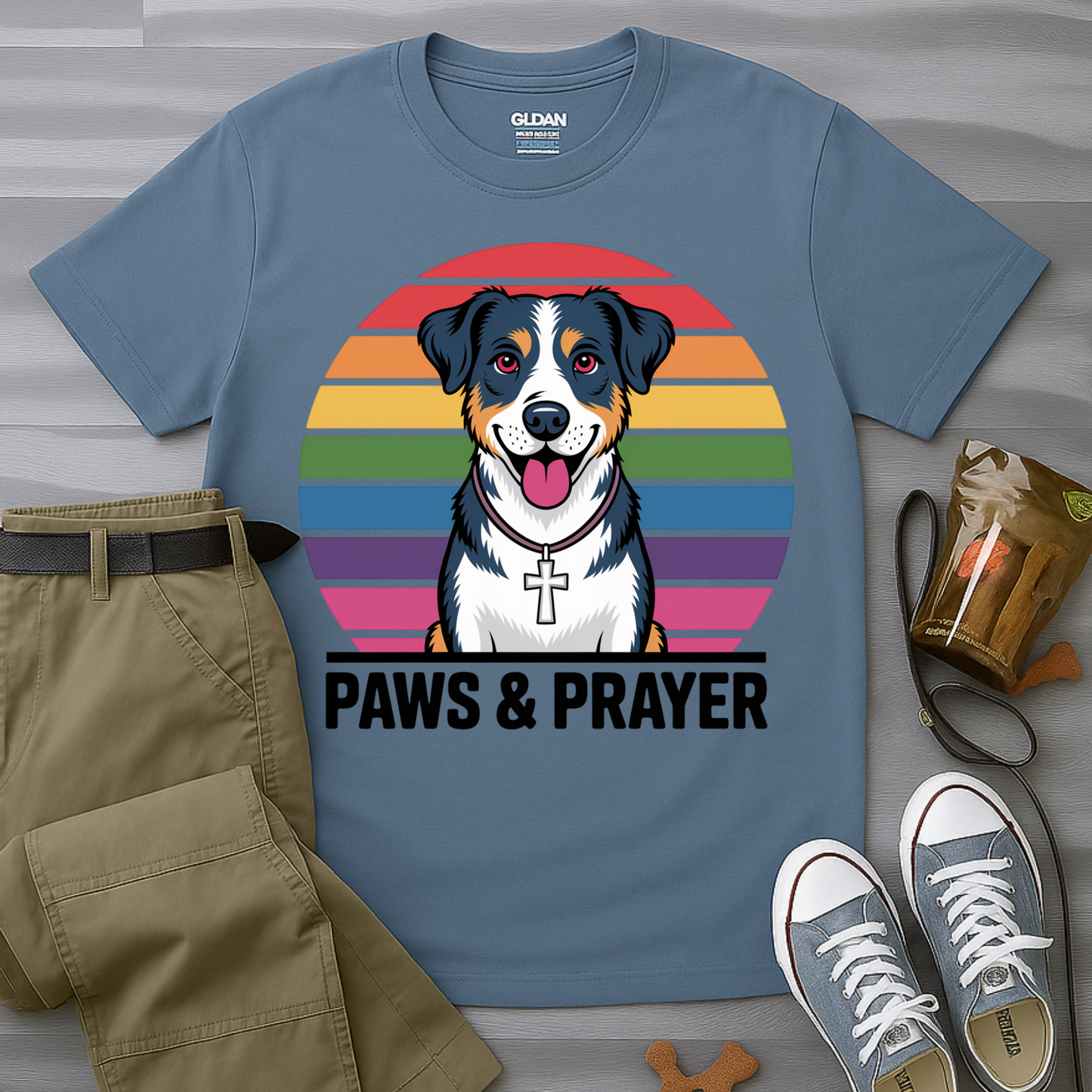 Paws & Prayer – 70s Retro Rainbow Dog T-Shirt
