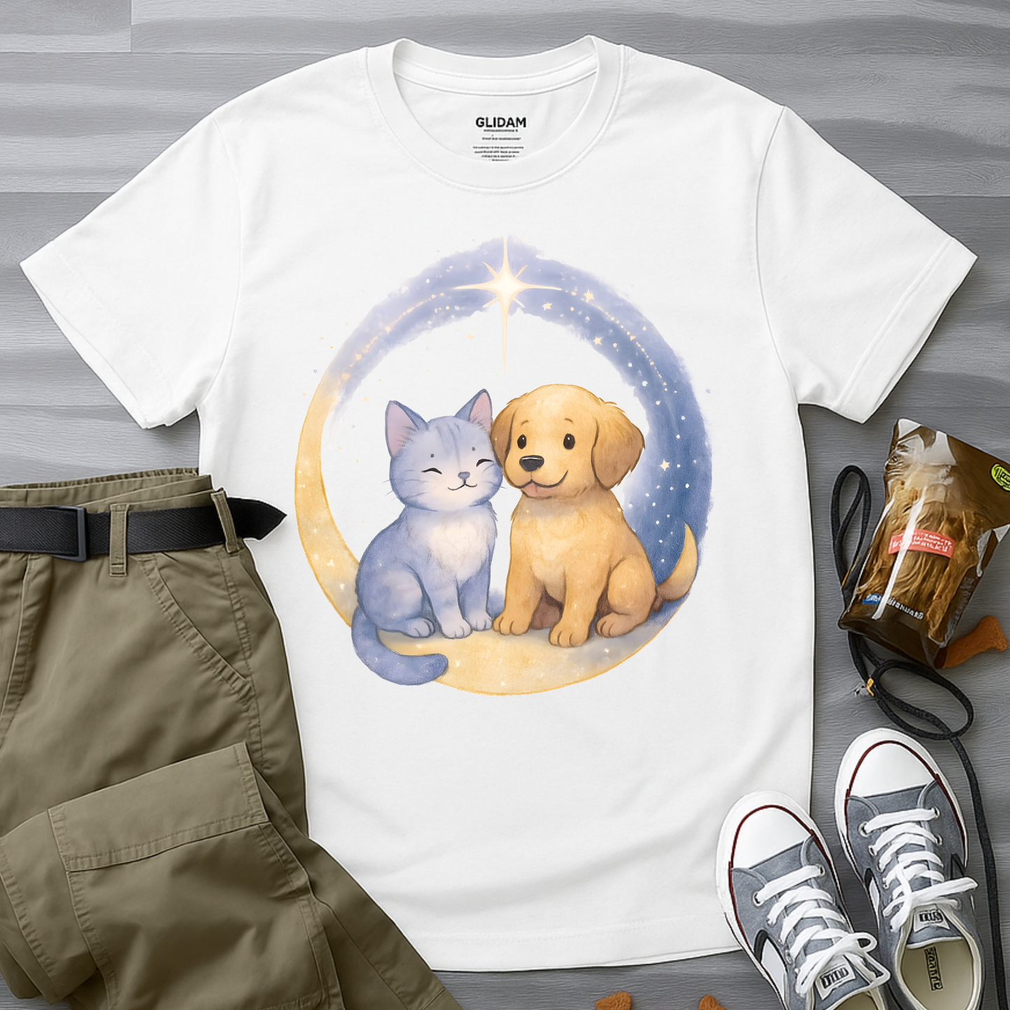 Cat And Dog in Crescent Moon T-Shirt