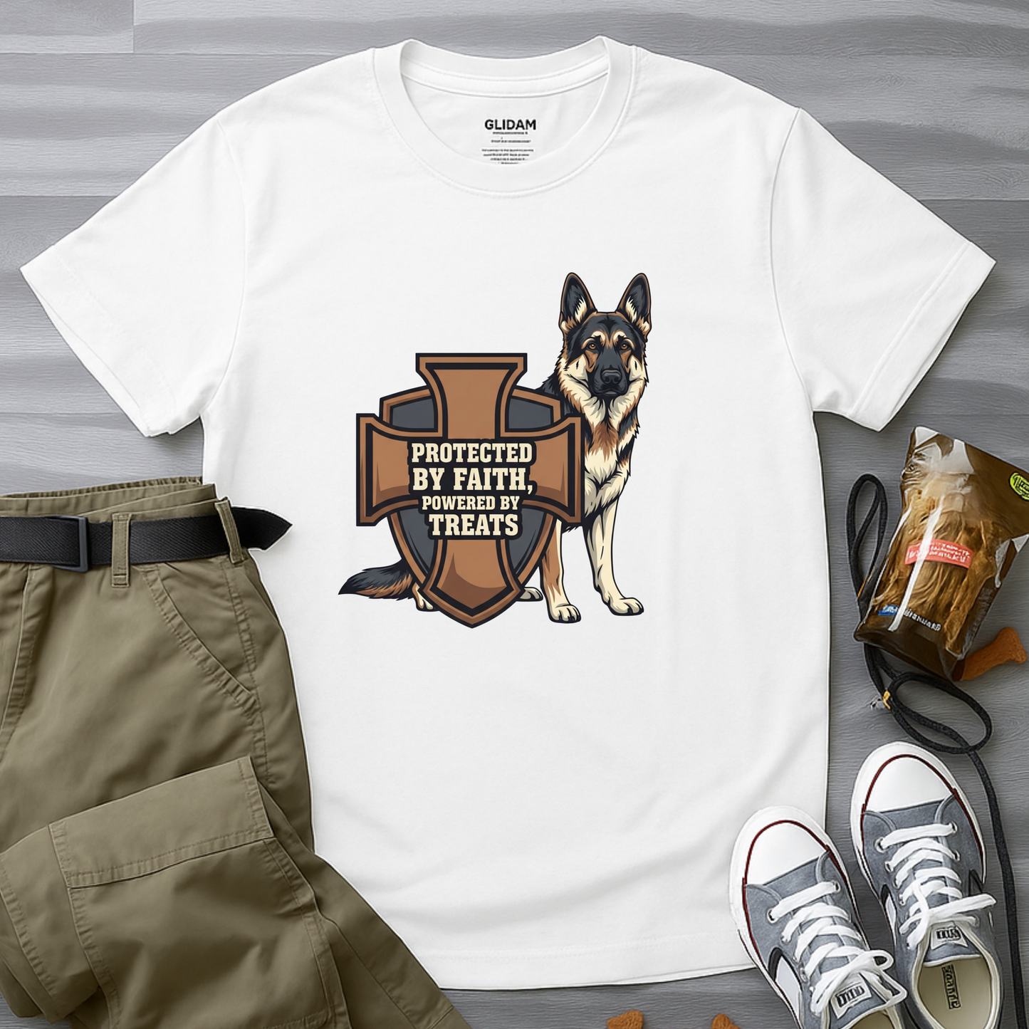 Protected by Faith, Powered by Treats, German Shepherd T-Shirt
