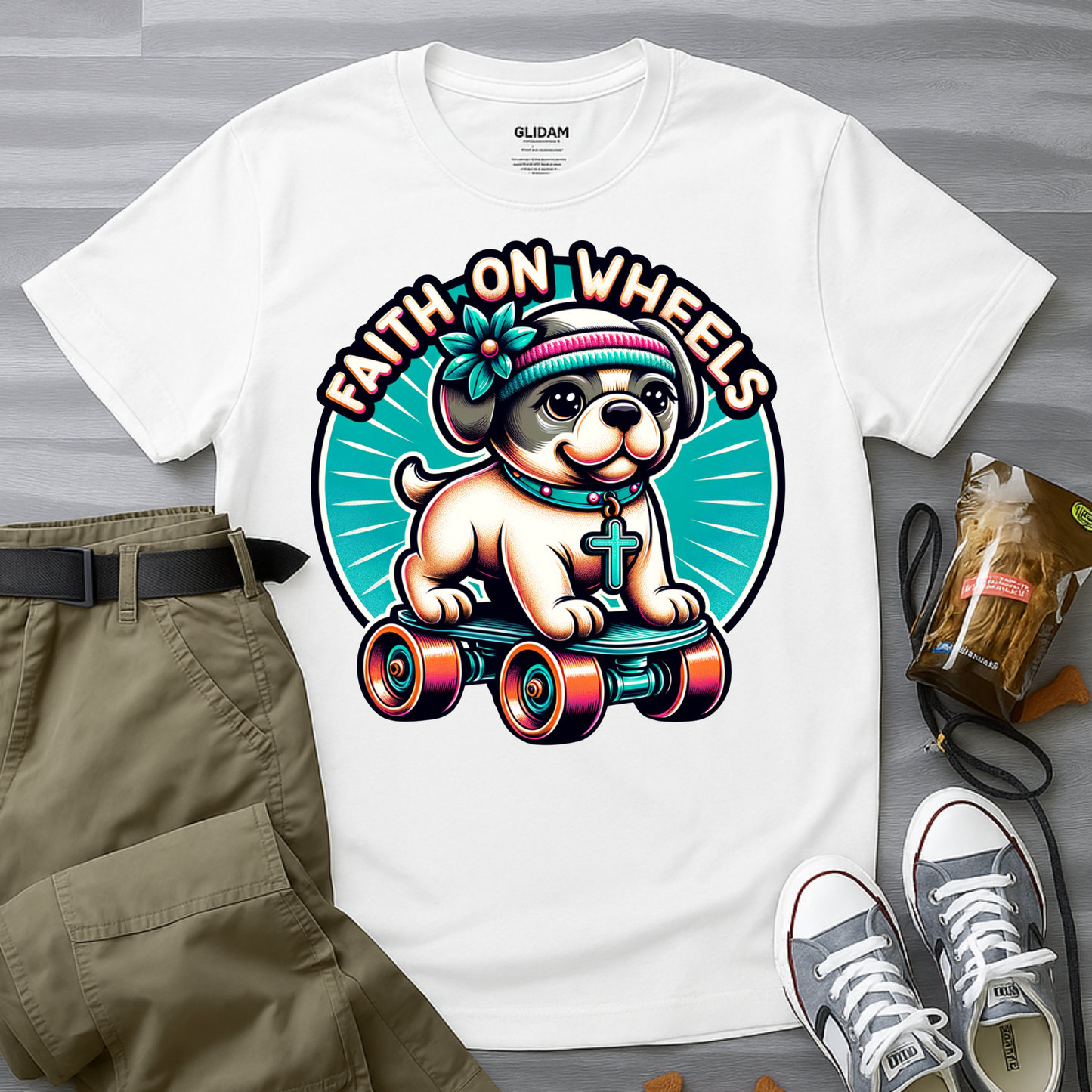 Faith on Wheels – Retro Roller-Skating Dog T-Shirt