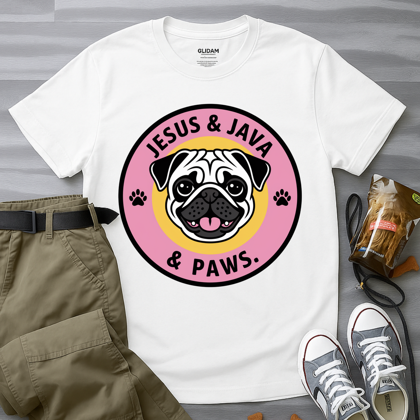 Jesus, Java & Paws – Retro Bubble Font Dog T-Shirt