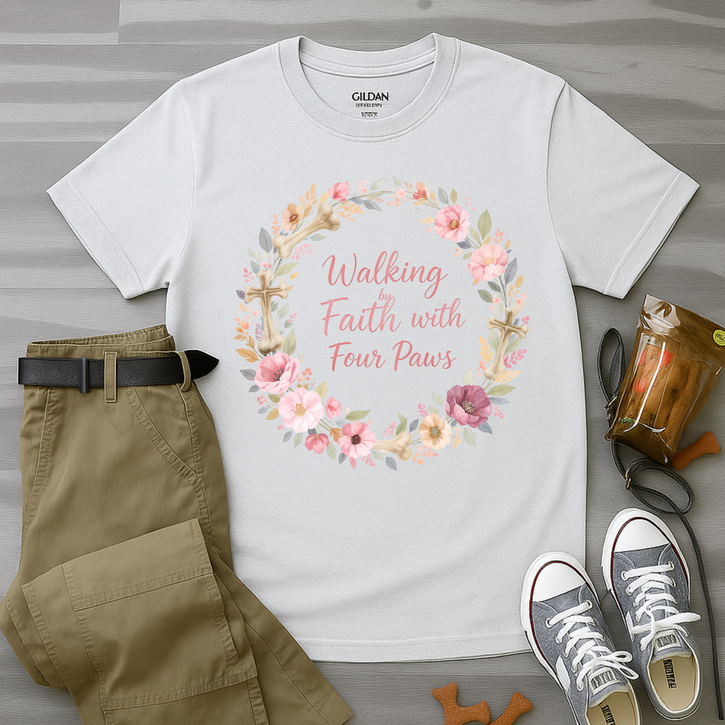 Walking By Faith With Four Paws Floral Wreath T-Shirt